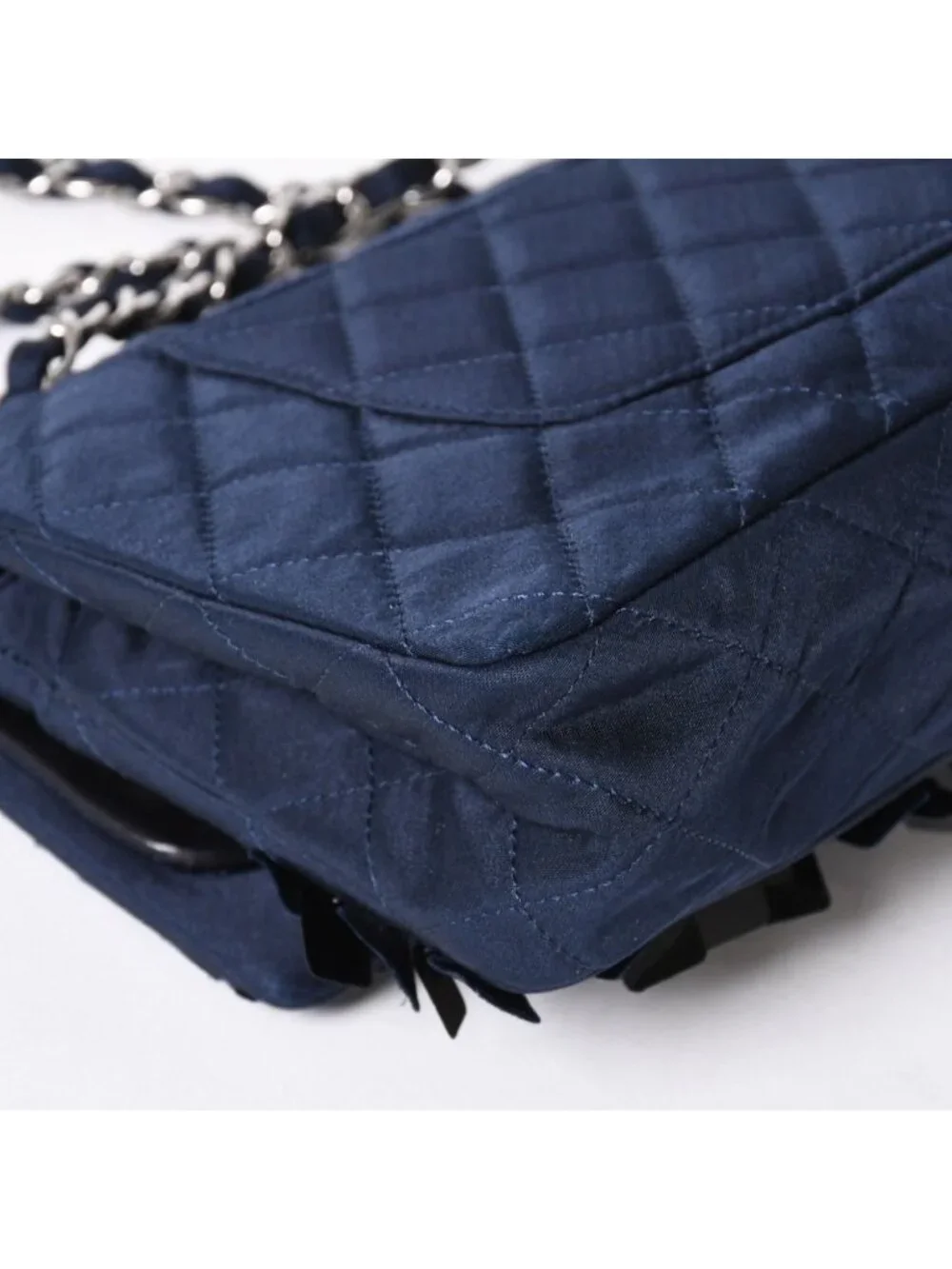 Chanel Quilted 25 Double Flap Chain Shoulder Bag CC Logo Satin Sequin Navy